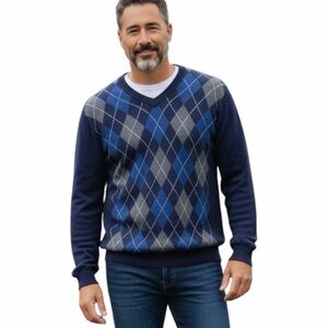 MARIO GILBERTI ☆ 100% Wool V-Neck Argyle Sweater ☆ Made in Italy